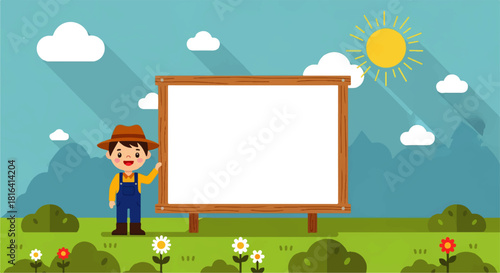 Cartoon Farmer with Blank Signboard and Landscape