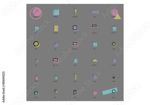 Minimalist geometric vector icon set of garage workshop and construction tools with pastel shapes