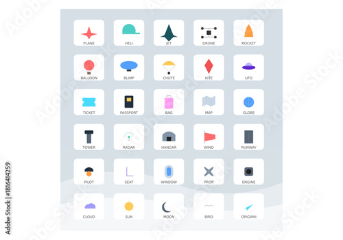 Minimalist flat design aviation and air travel icon set featuring aircraft airport equipment and sky elements