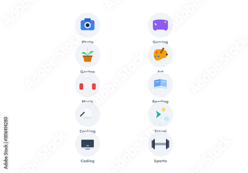 Set of colorful flat vector icons representing various hobbies and leisure activities including photography gaming gardening art music reading cooking travel coding and sports