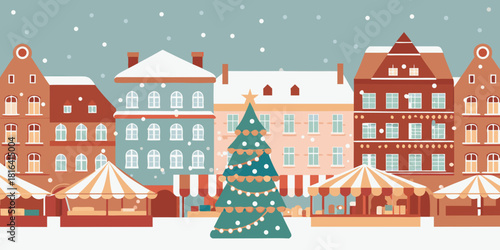 Festive christmas market scene with snow and decorated tree illustration