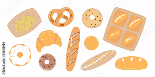 Assortment of freshly baked goods on white background illustration