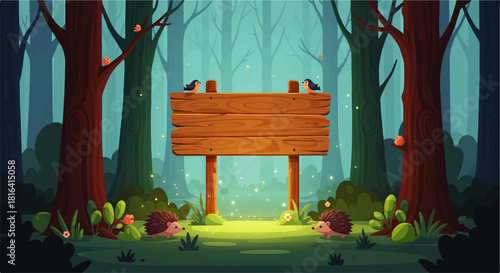 Cartoon Forest Scene with Wooden Sign and Animals