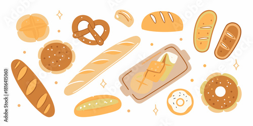 Variety of baked goods and breads flat lay illustration