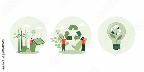 Sustainable energy and recycling concepts with wind solar and lightbulb icons