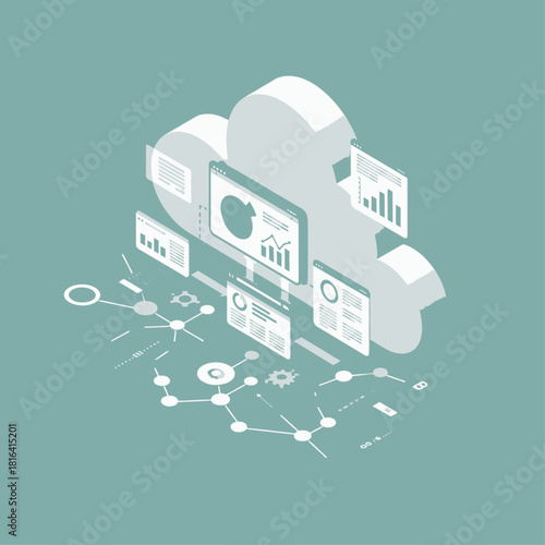 Isometric illustration of cloud computing infrastructure with data analytics and network connections.