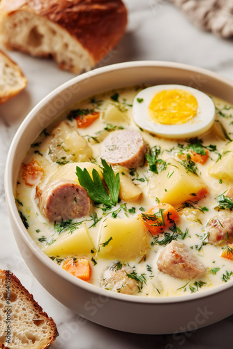 Polish zurek sour rye soup, white kielbasa sausage potatoes carrots dill parsley and a hard boiled egg on a white marble countertop with slices of bread.