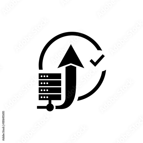Server uptime icon with an upward arrow and check mark on transparent background