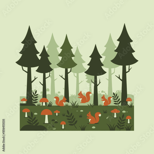 Flat design illustration of a serene forest scene with pine trees, mushrooms, and playful squirrels on green grass.