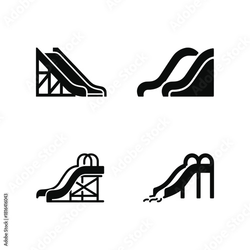 A black and white picture of a water slide set