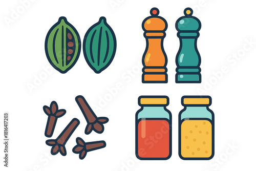 Collection of kitchen spices, seasoning ingredients, pepper mills, and glass jars