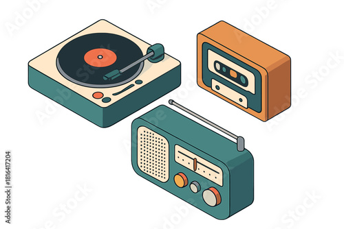 Isometric collection of retro audio devices: turntable, cassette player, and radio receiver