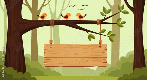 Cartoon Forest Scene with Birds and Wooden Sign