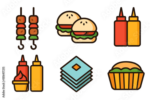 Grilling and fast food items including meat skewers, cheeseburgers, sauce bottles, and baked dessert