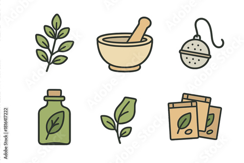 Tools and ingredients for natural herbal medicine and organic tea preparation