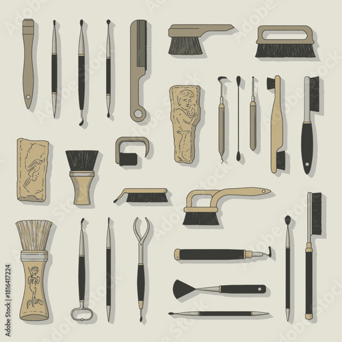 A detailed illustration showcasing a diverse collection of vintage-style brushes and various cleaning or grooming tools arranged neatly on a light background.