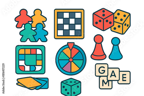 Colorful collection of classic board game components including dice, pawns, meeples, and cards