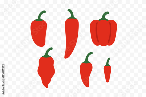 Collection of different red chili peppers and sweet bell peppers isolated on white background