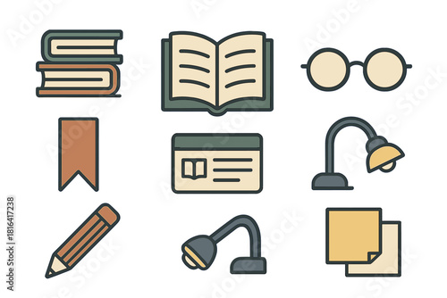 Study and education icons featuring books, reading glasses, desk lamps, pencil, and sticky notes