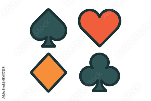 Classic playing card suit symbols: spade, heart, diamond, and club icons for casino