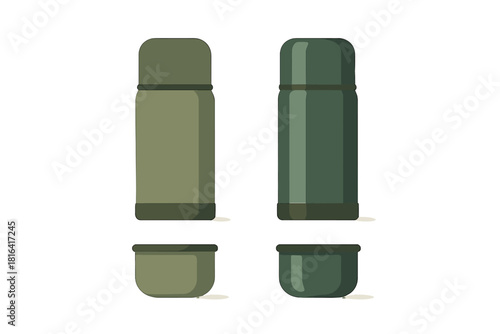 Insulated thermos flasks in olive green and dark green with detached drinking cups