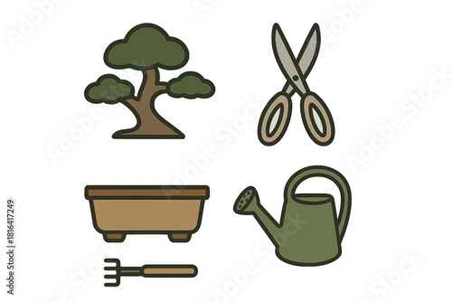 Essential gardening tools and supplies for the care and maintenance of a bonsai tree