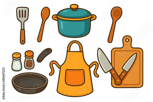 Essential kitchen tools and cooking equipment set including pot, pan, knives, and apron