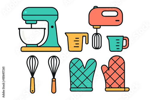 Colorful collection of kitchen appliances and utensils for baking and cooking