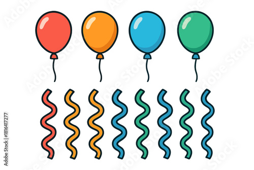 Four colorful party balloons with matching wavy ribbons for celebration design