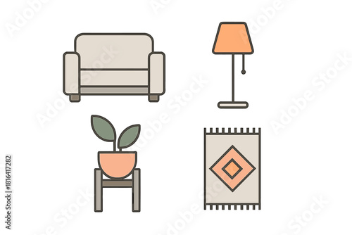 Minimalist interior design set with armchair, floor lamp, houseplant, and area rug