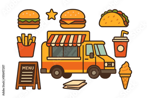 Colorful fast food icons set featuring a yellow food truck and popular street snacks
