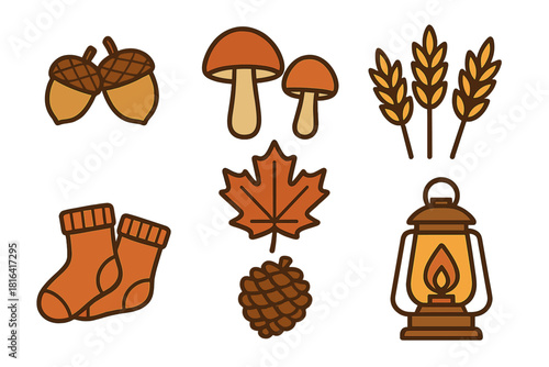 Cozy autumn harvest icons set featuring acorns mushrooms wheat socks maple leaf and glowing lantern