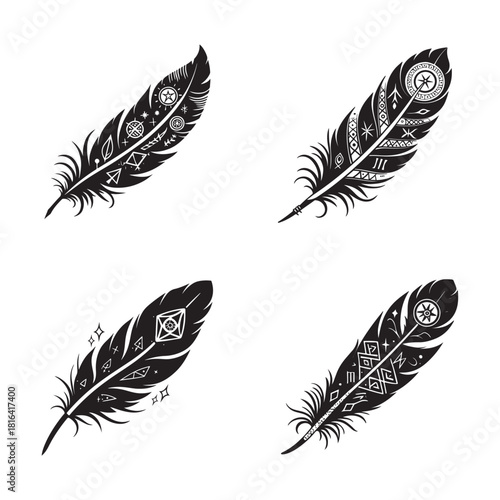 Mystic Bird Wing With Runes Silhouette Icon.