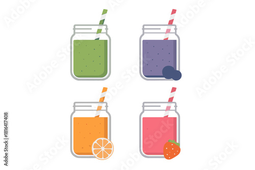Colorful fruit smoothies set served in mason jars with striped straws and fresh ingredients