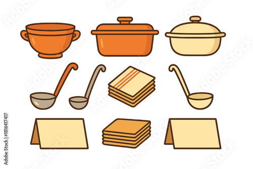 Set of kitchenware and dining accessories: cooking pots, serving ladles, napkins, and blank place cards