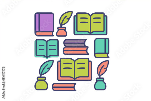 Collection of colorful books, open and closed, with traditional quill pens and inkwells