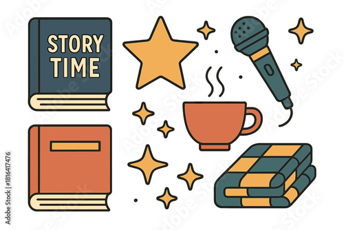 Cozy reading and storytelling elements set with books, microphone, and warm beverage