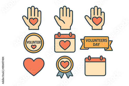 Symbols of charity volunteering and donation including hands hearts calendar ribbon and badge
