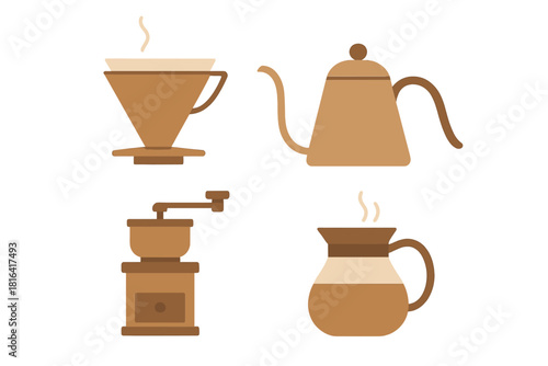Essential tools collection for pour over coffee preparation and manual brewing