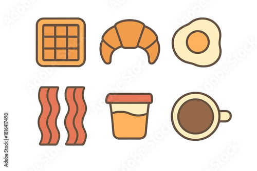 Flat design icons set of popular breakfast foods: waffle, croissant, fried egg, bacon, coffee, and juice