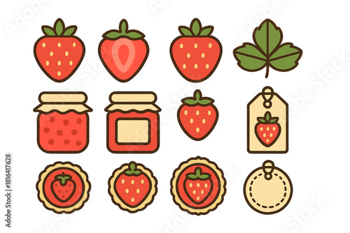 Stylized flat icons featuring whole strawberries, sliced fruit, and jars of homemade jam