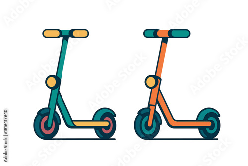 Pair of modern electric kick scooters in teal and orange colors for urban transport