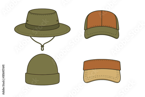 Four outdoor headwear items including a boonie hat, baseball cap, knitted beanie, and sun visor