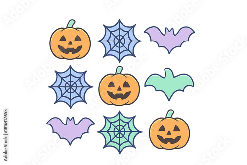 Colorful pattern of spooky Halloween icons including smiling jack-o'-lanterns, spiderwebs, and flying bats