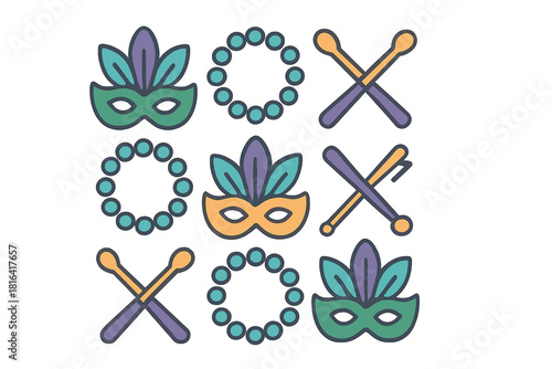 Festive Carnival symbols grid featuring masquerade masks, colorful beads, and crossed drumsticks