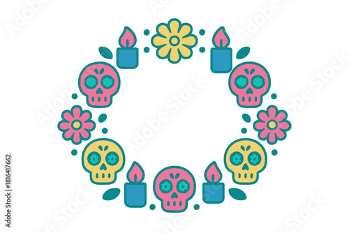 Colorful Day of the Dead wreath frame featuring sugar skulls, burning candles, and marigold flowers in a festive design