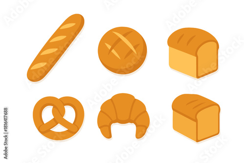 Fresh baked goods set featuring baguette, croissant, pretzel, and sliced bread