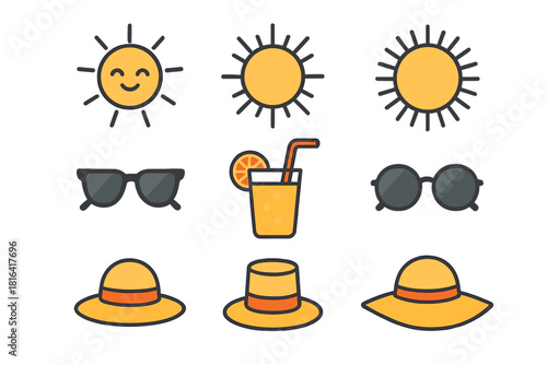 Summer vacation items set featuring sun, sunglasses, hats, and refreshing orange drink