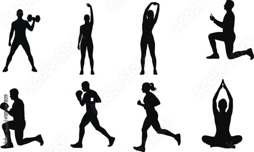 Silhouette set showing workout, yoga, stretching, running, boxing, and fitness poses for vector design, stock illustration, wellness, and training