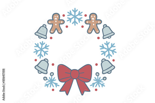 Festive holiday wreath border with gingerbread cookies, bells, and snowflakes surrounding a red bow